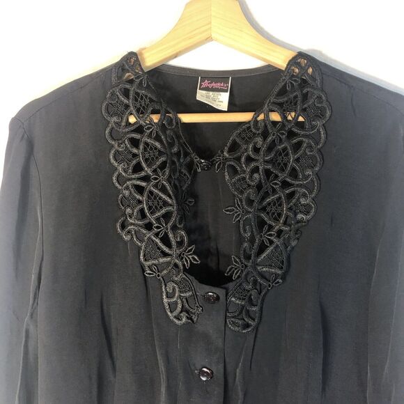 Fredrick's of Hollywood Size 2x Black w Black Trim Button Up Blouse Acetate - Picture 2 of 11